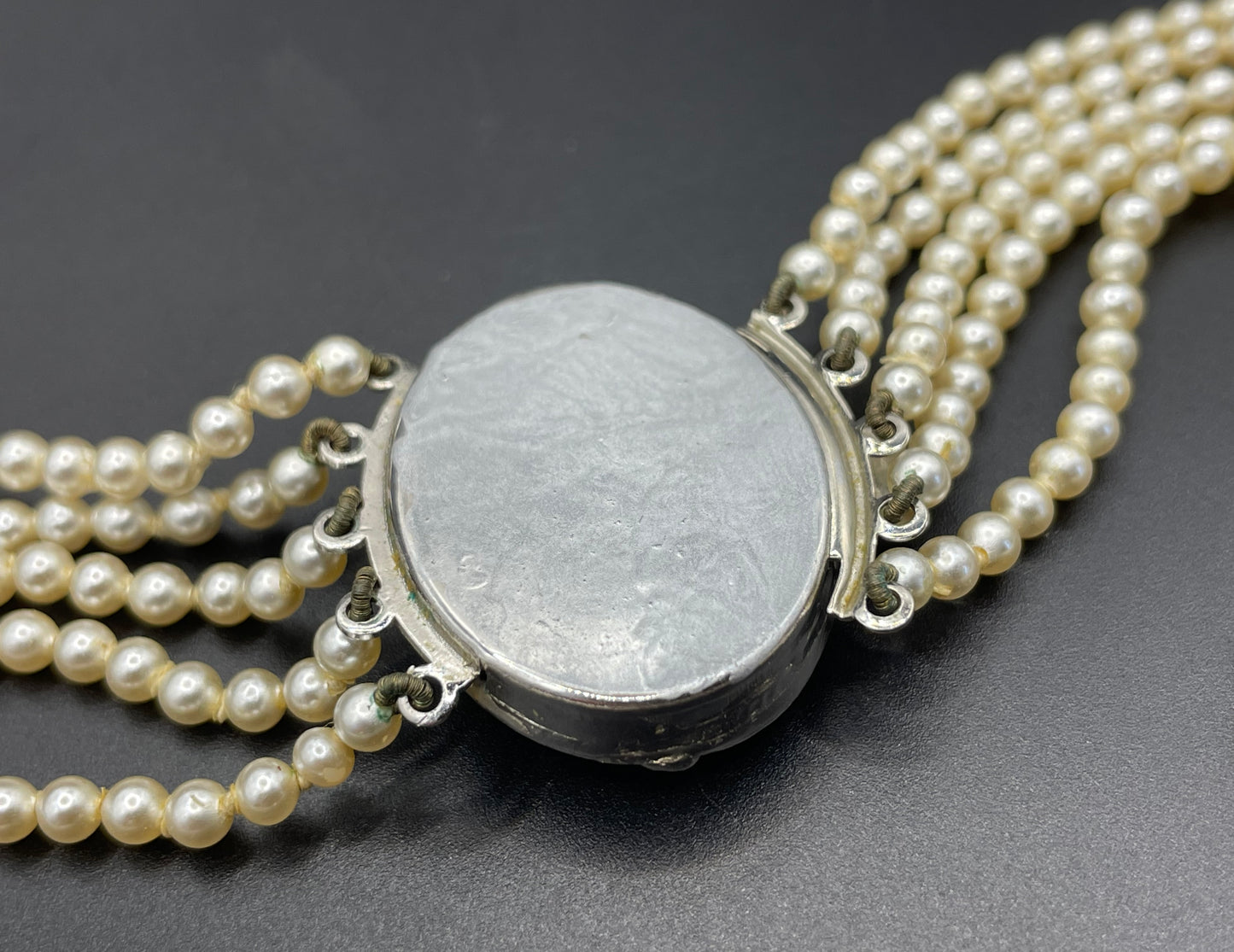 Vintage five strand glass faux pearl necklace with ornate clear rhinestone box clasp, graduated glass pearls