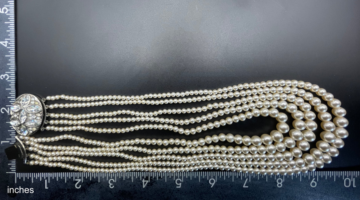 Vintage five strand glass faux pearl necklace with ornate clear rhinestone box clasp, graduated glass pearls