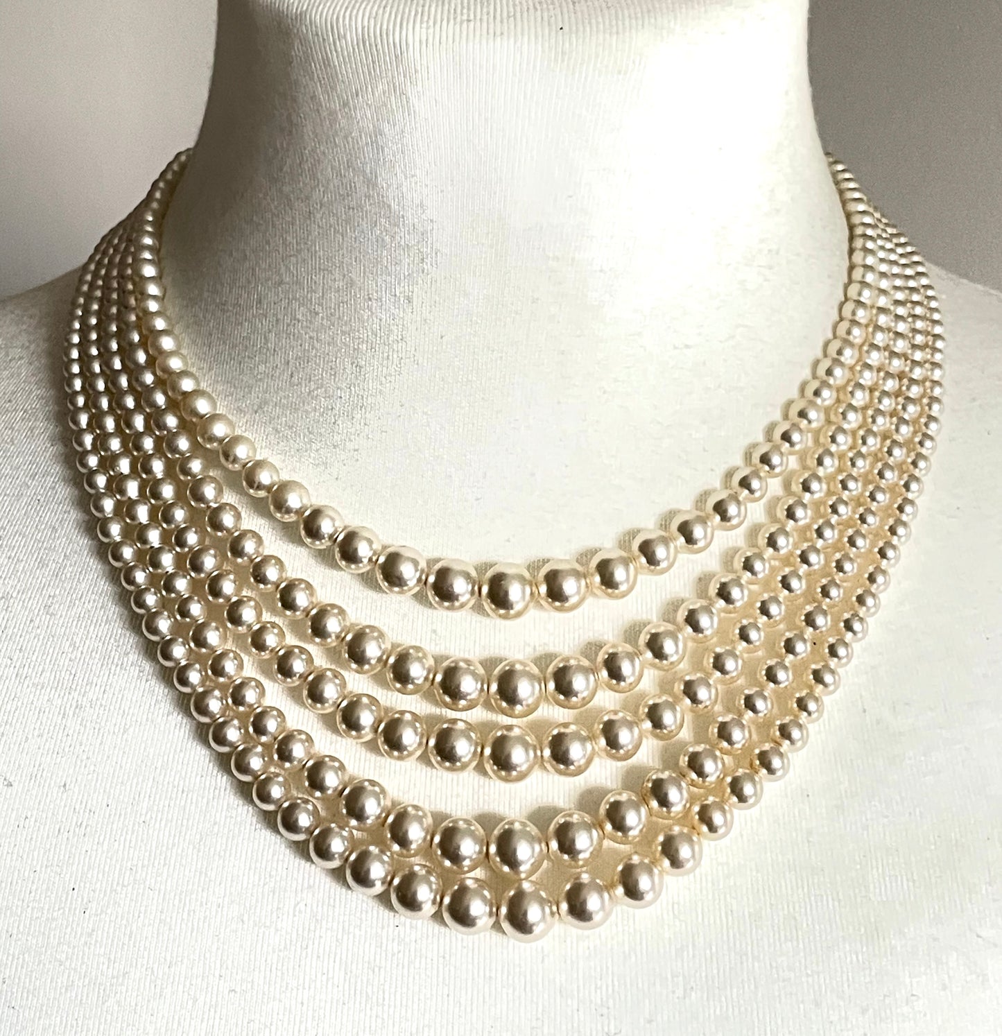 Vintage five strand glass faux pearl necklace with ornate clear rhinestone box clasp, graduated glass pearls