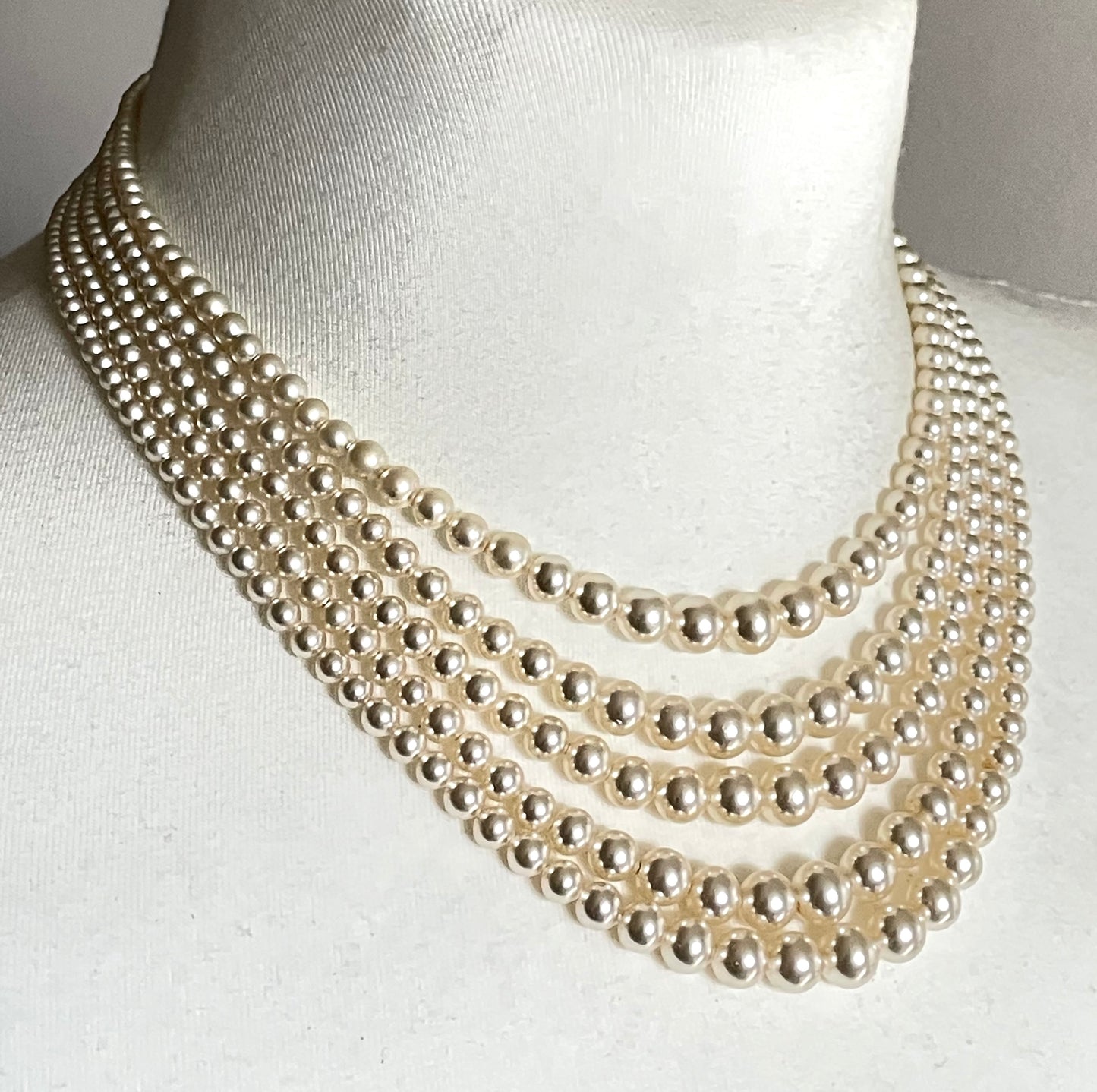Vintage five strand glass faux pearl necklace with ornate clear rhinestone box clasp, graduated glass pearls