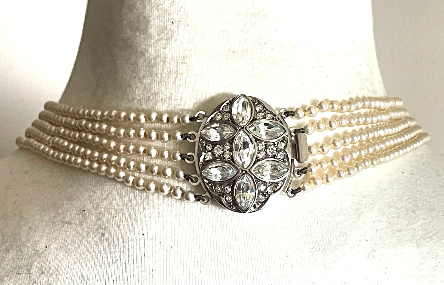 Vintage five strand glass faux pearl necklace with ornate clear rhinestone box clasp, graduated glass pearls