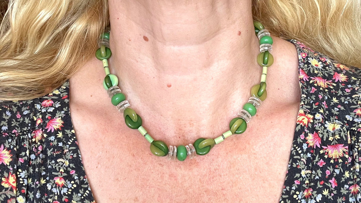 Vintage possible Louis Rousselet Art Deco carved green galalith bead necklace, unusual screw clasp, foxtail chain, puzzle beads