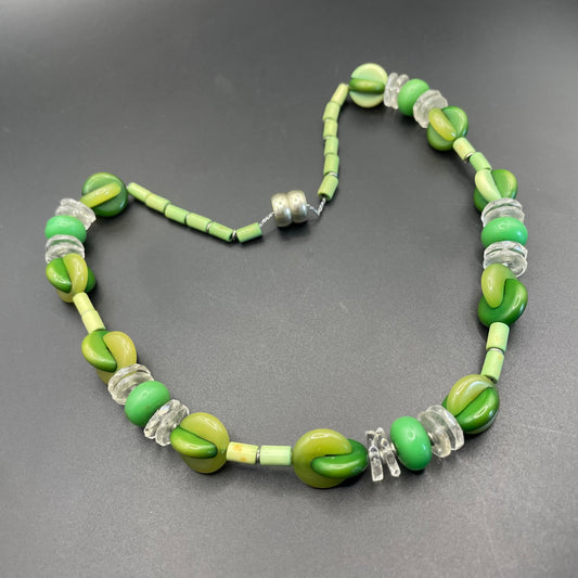 Vintage possible Louis Rousselet Art Deco carved green galalith bead necklace, unusual screw clasp, foxtail chain, puzzle beads