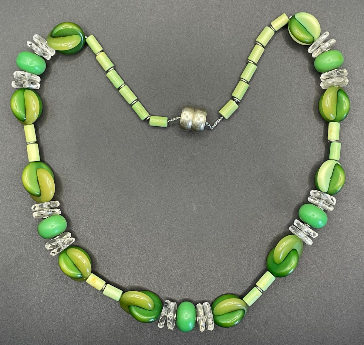 Vintage possible Louis Rousselet Art Deco carved green galalith bead necklace, unusual screw clasp, foxtail chain, puzzle beads
