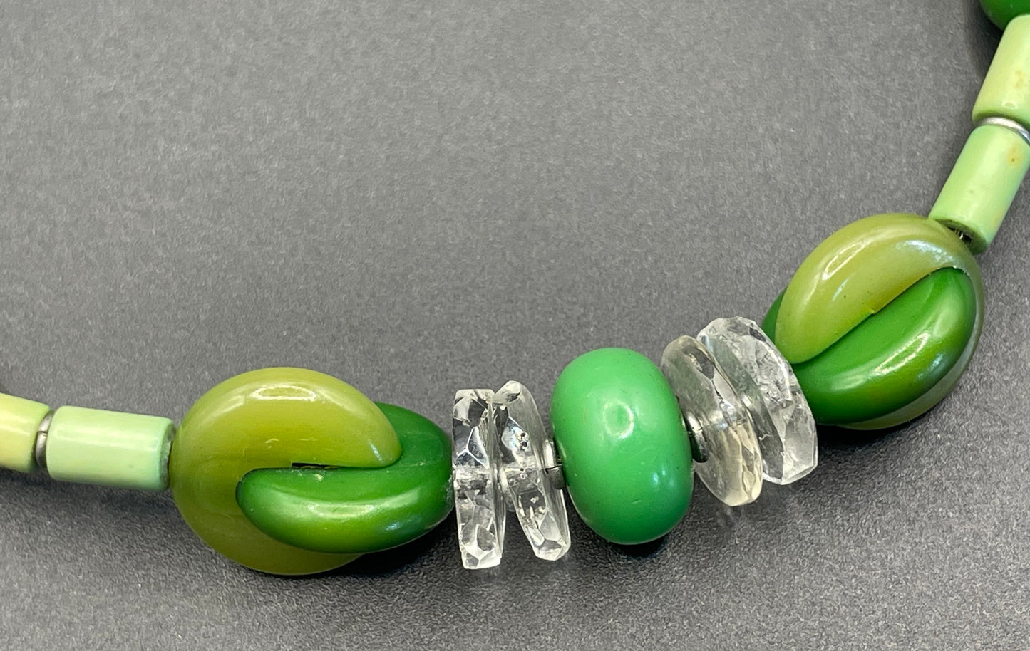 Vintage possible Louis Rousselet Art Deco carved green galalith bead necklace, unusual screw clasp, foxtail chain, puzzle beads