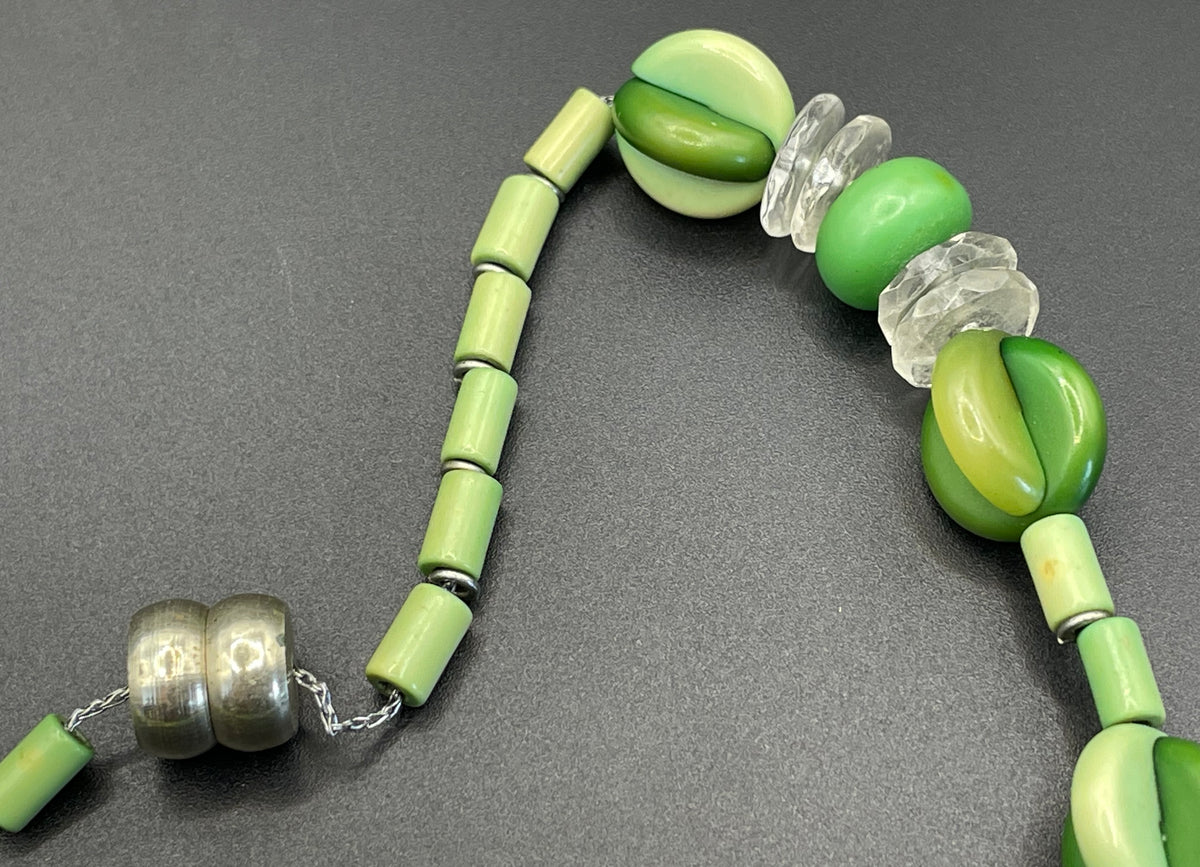 Vintage possible Louis Rousselet Art Deco carved green galalith bead necklace, unusual screw clasp, foxtail chain, puzzle beads
