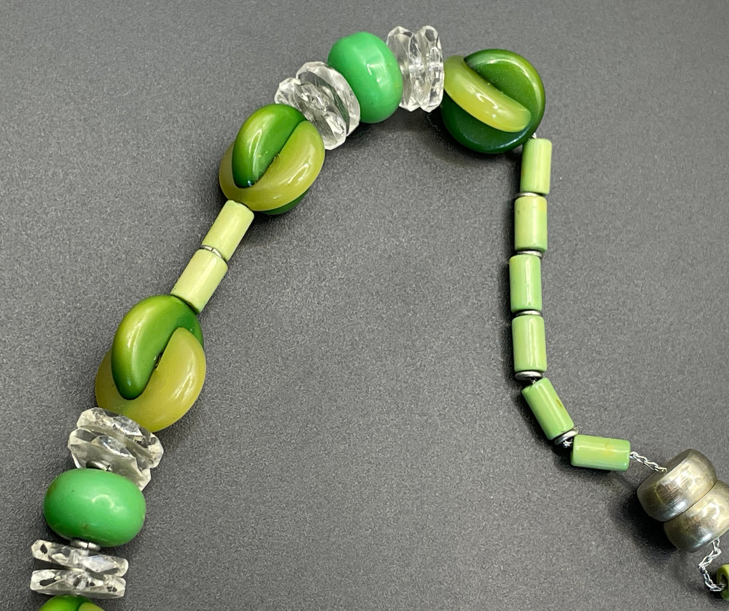 Vintage possible Louis Rousselet Art Deco carved green galalith bead necklace, unusual screw clasp, foxtail chain, puzzle beads