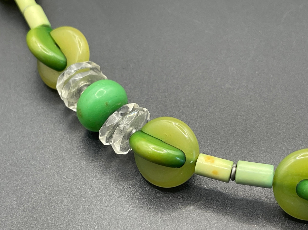 Vintage possible Louis Rousselet Art Deco carved green galalith bead necklace, unusual screw clasp, foxtail chain, puzzle beads