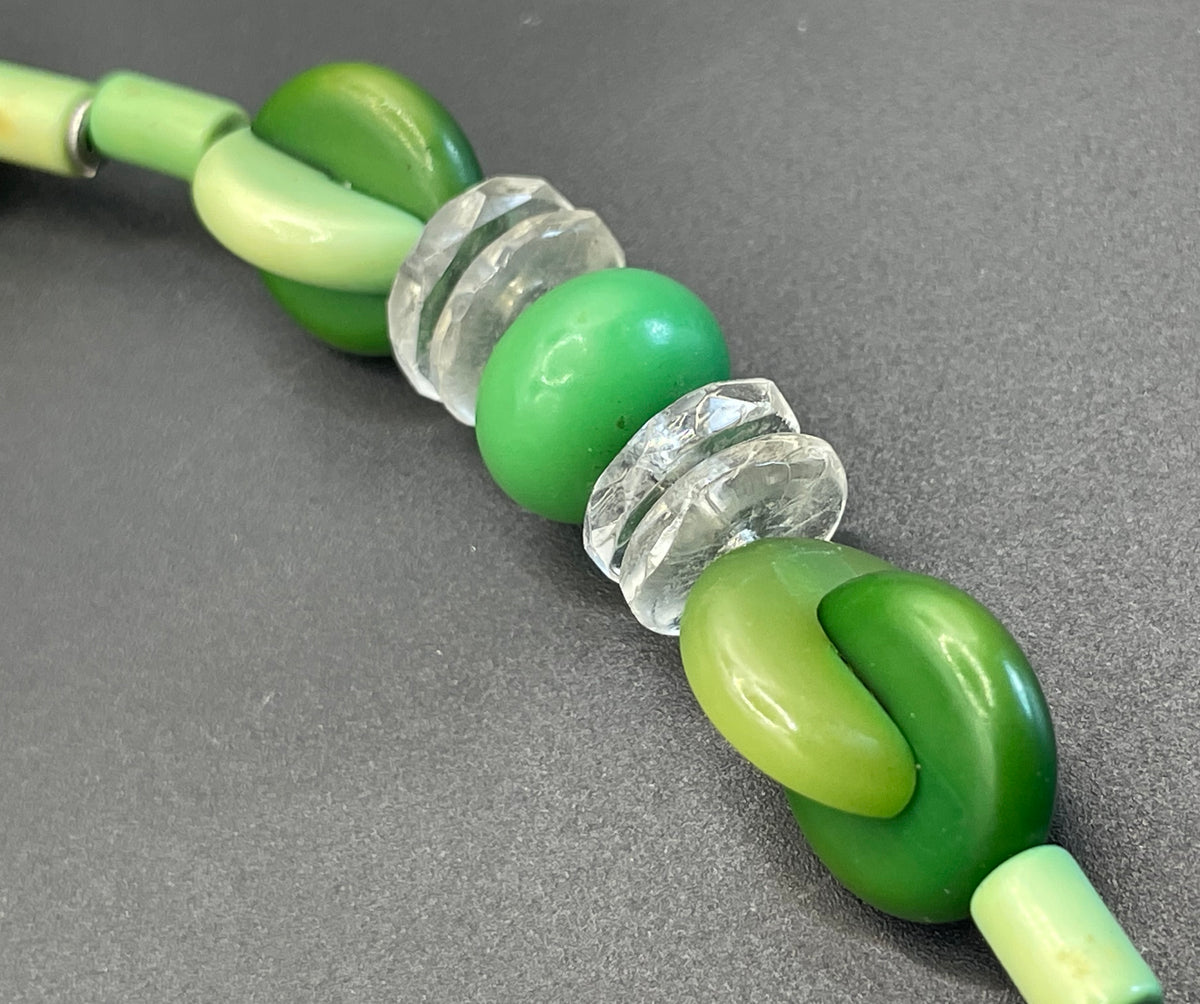 Vintage possible Louis Rousselet Art Deco carved green galalith bead necklace, unusual screw clasp, foxtail chain, puzzle beads