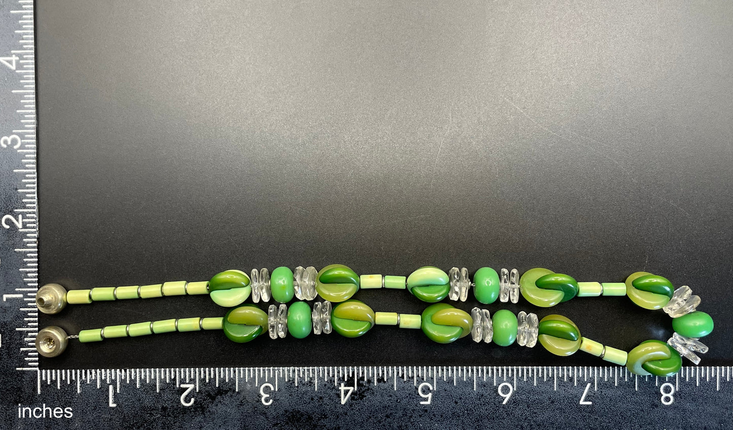 Vintage possible Louis Rousselet Art Deco carved green galalith bead necklace, unusual screw clasp, foxtail chain, puzzle beads