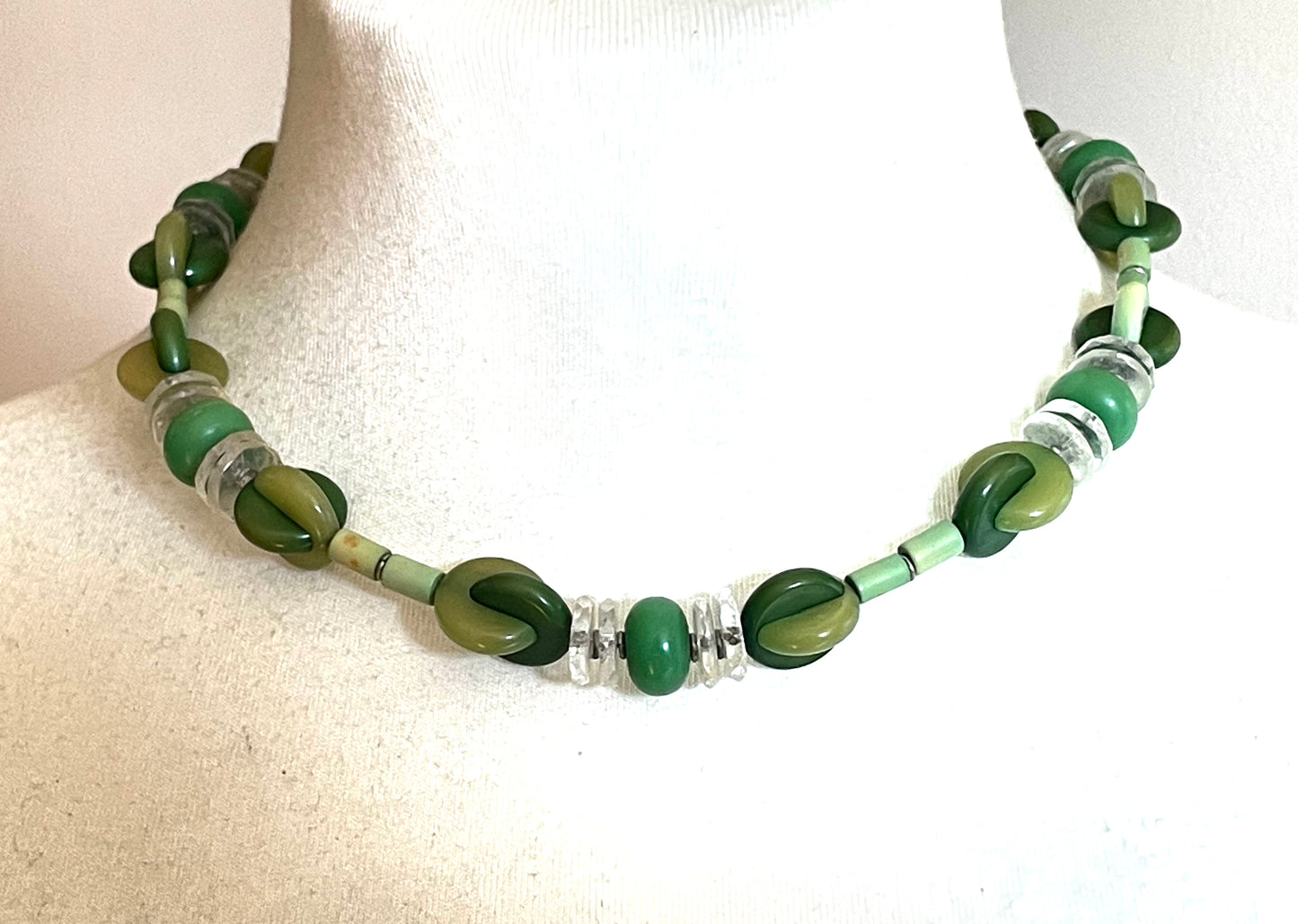 Vintage possible Louis Rousselet Art Deco carved green galalith bead necklace, unusual screw clasp, foxtail chain, puzzle beads