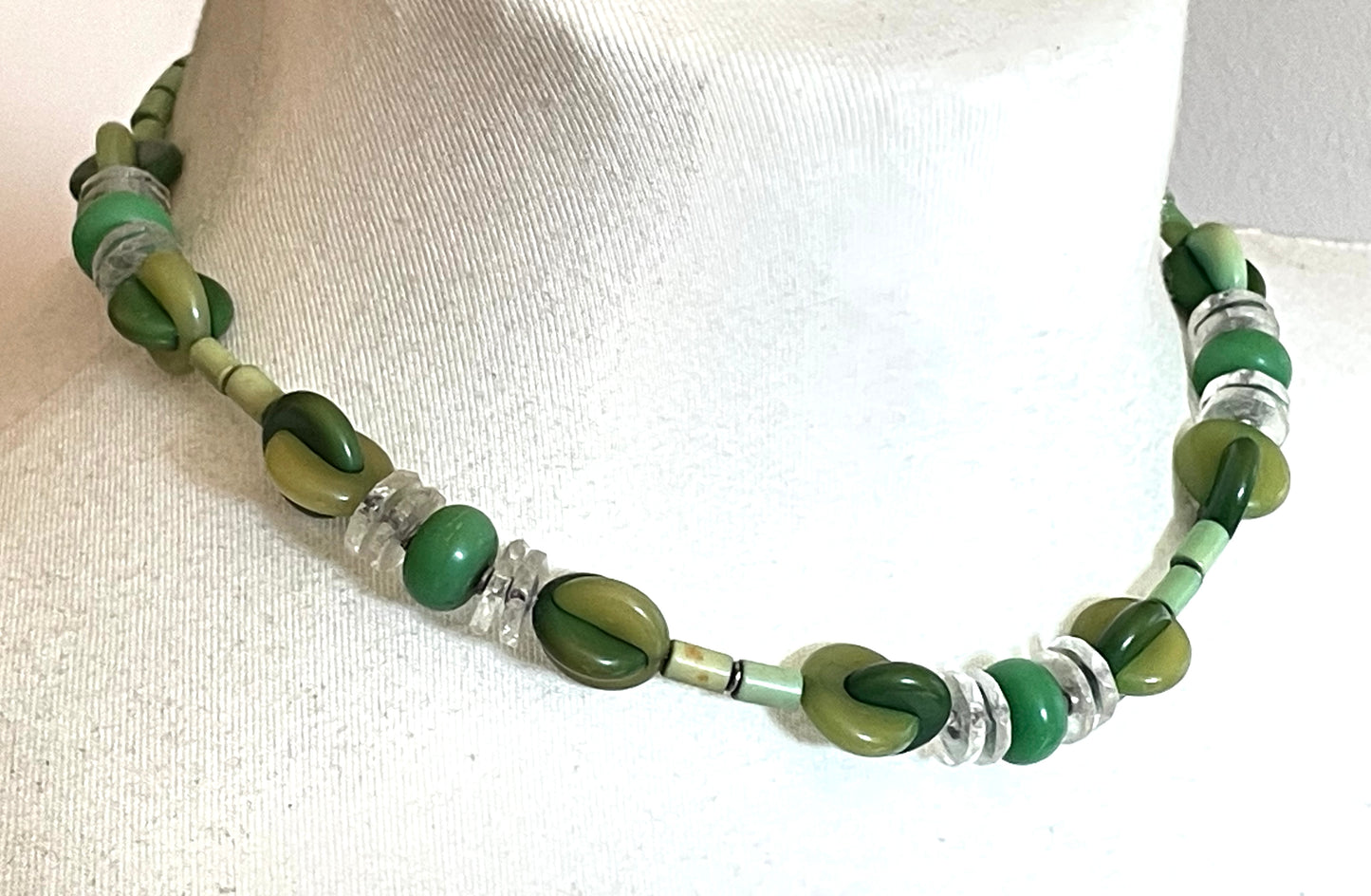 Vintage possible Louis Rousselet Art Deco carved green galalith bead necklace, unusual screw clasp, foxtail chain, puzzle beads