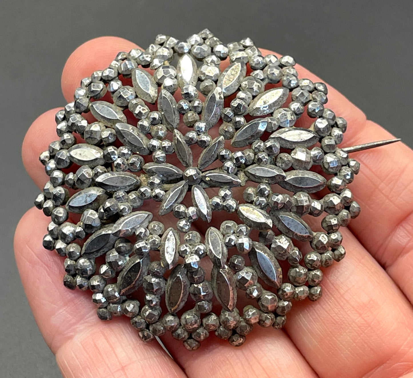 Large antique Georgian riveted cut steel faceted brooch
