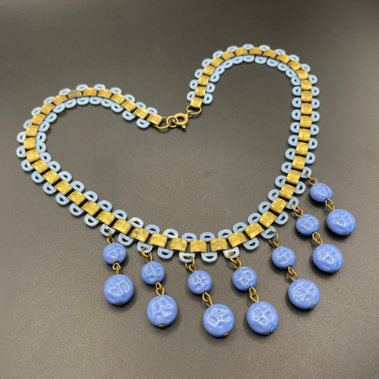 Beautiful vintage bookchain style blue poured glass bead and early plastic with gold tone fringe necklace, Art Deco, Miriam Haskell style