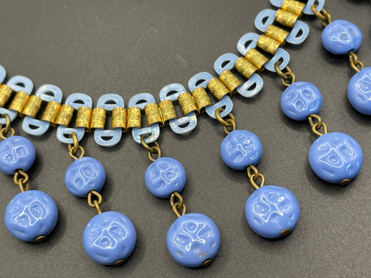 Beautiful vintage bookchain style blue poured glass bead and early plastic with gold tone fringe necklace, Art Deco, Miriam Haskell style