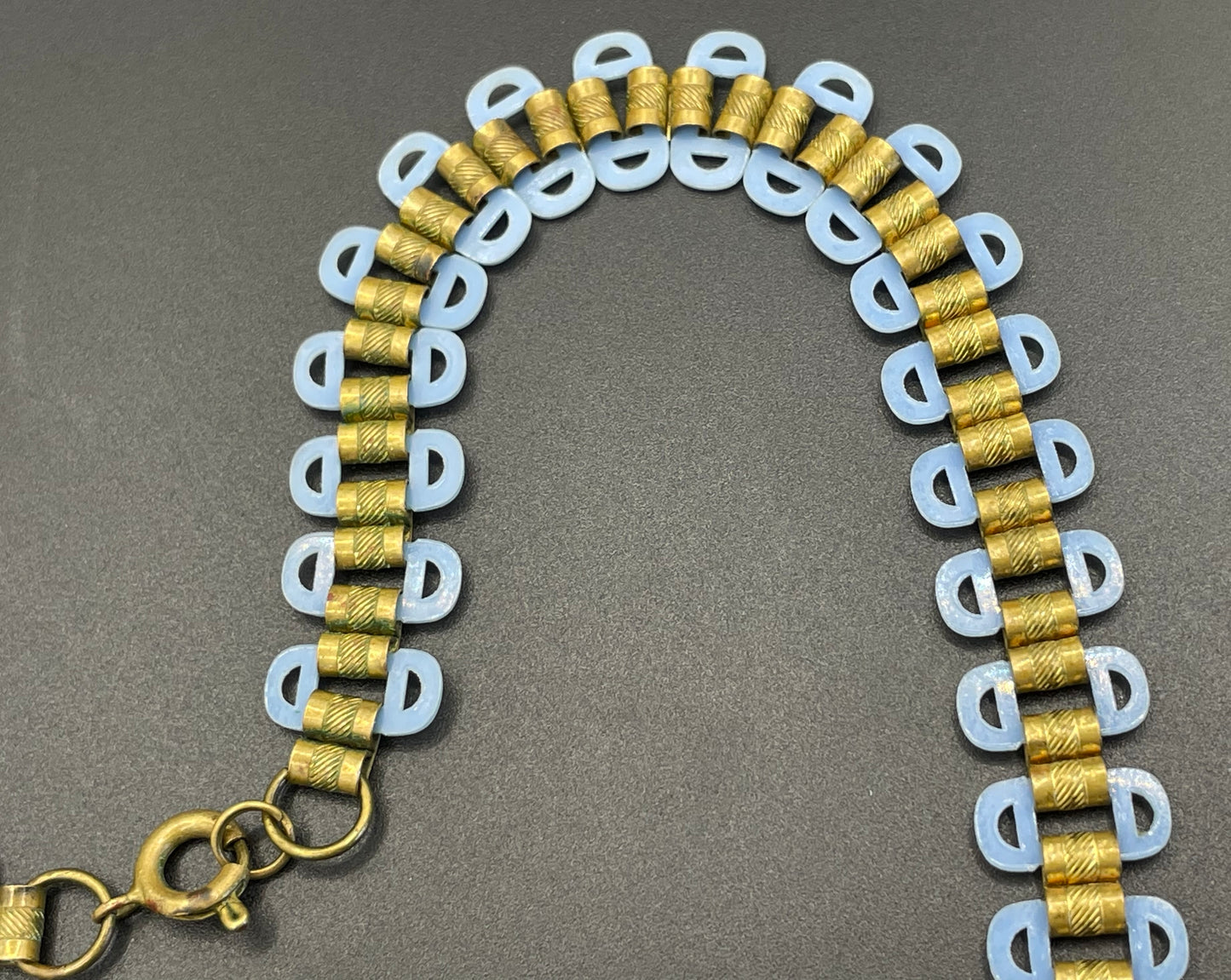 Beautiful vintage bookchain style blue poured glass bead and early plastic with gold tone fringe necklace, Art Deco, Miriam Haskell style