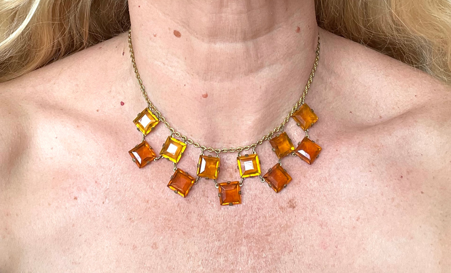 Vintage citrine yellow and topaz orange crystal glass necklace, large bezel set open backed princess cut square rhinestones