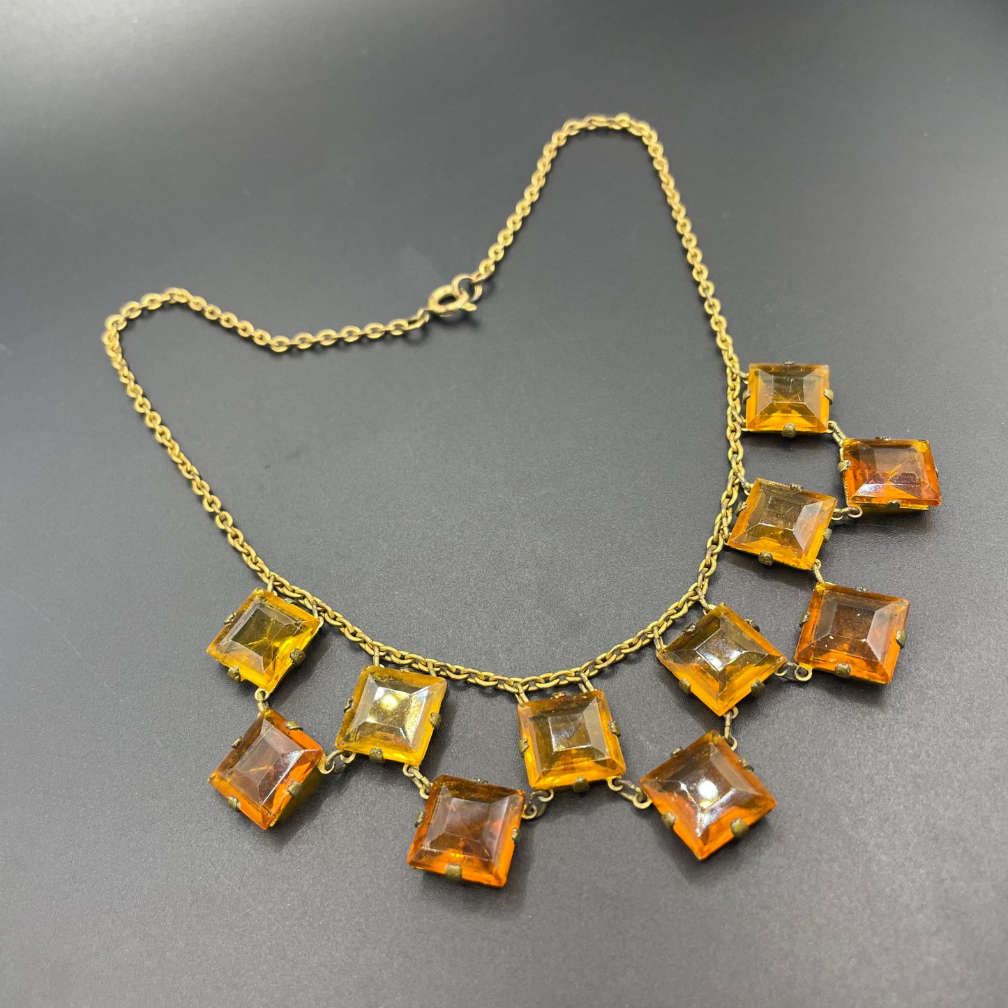 Vintage citrine yellow and topaz orange crystal glass necklace, large bezel set open backed princess cut square rhinestones