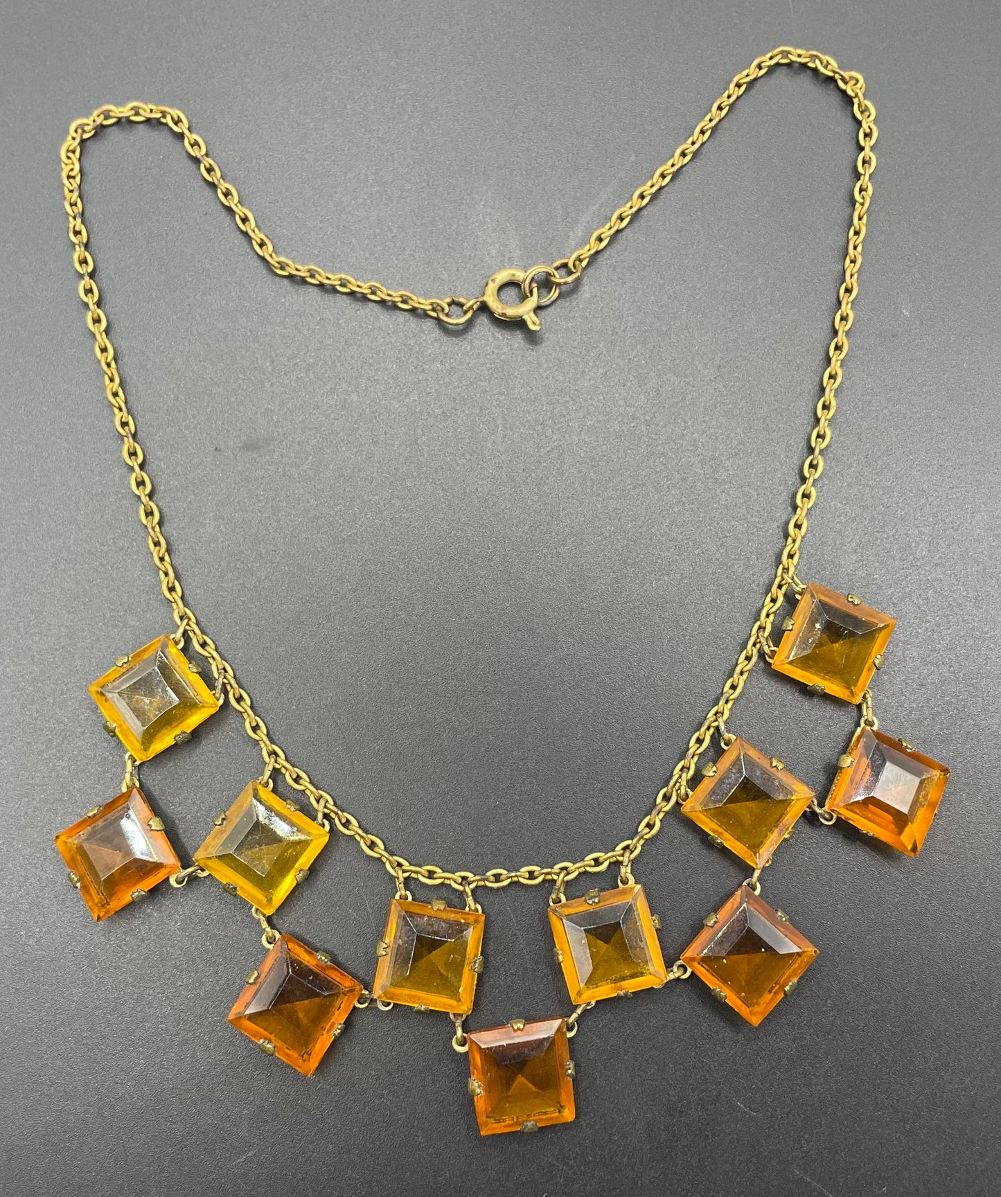 Vintage citrine yellow and topaz orange crystal glass necklace, large bezel set open backed princess cut square rhinestones