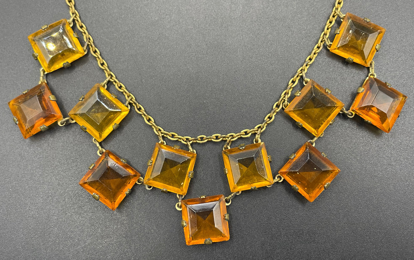 Vintage citrine yellow and topaz orange crystal glass necklace, large bezel set open backed princess cut square rhinestones