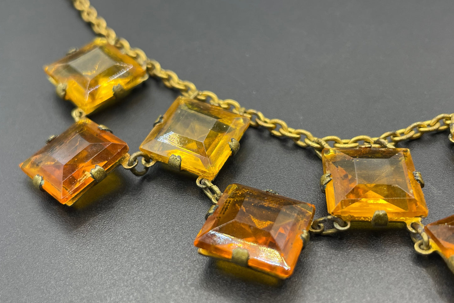 Vintage citrine yellow and topaz orange crystal glass necklace, large bezel set open backed princess cut square rhinestones