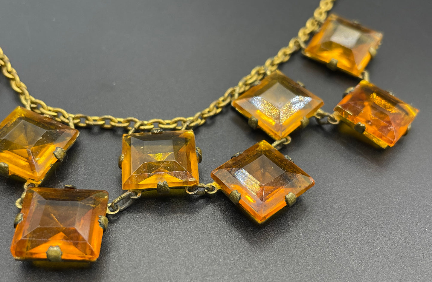 Vintage citrine yellow and topaz orange crystal glass necklace, large bezel set open backed princess cut square rhinestones