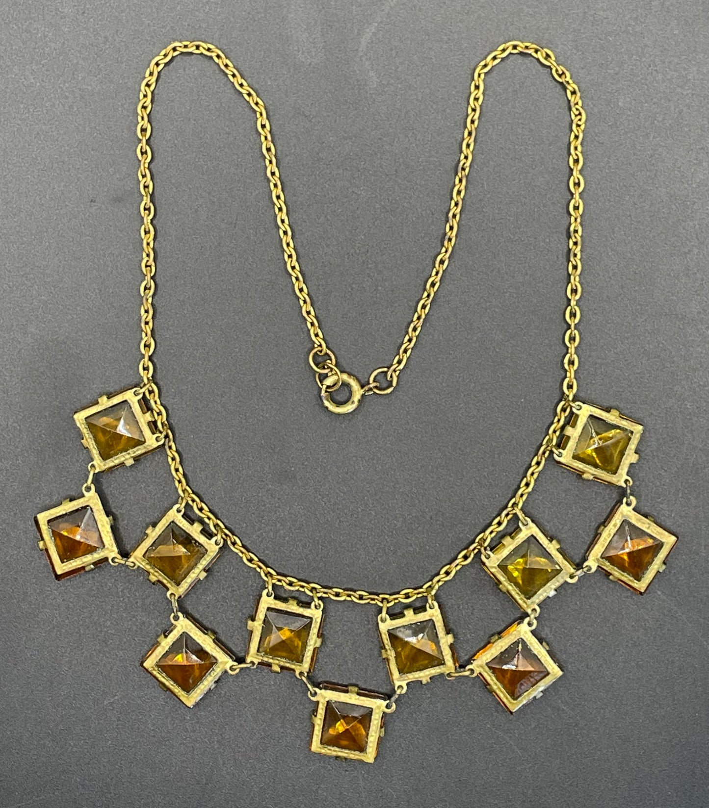 Vintage citrine yellow and topaz orange crystal glass necklace, large bezel set open backed princess cut square rhinestones