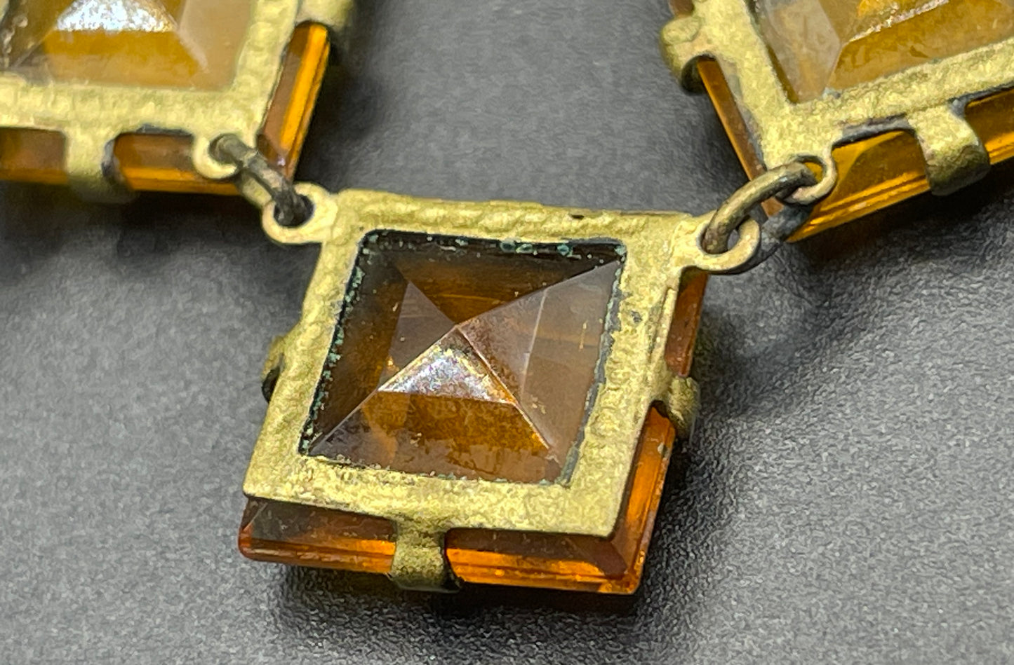 Vintage citrine yellow and topaz orange crystal glass necklace, large bezel set open backed princess cut square rhinestones