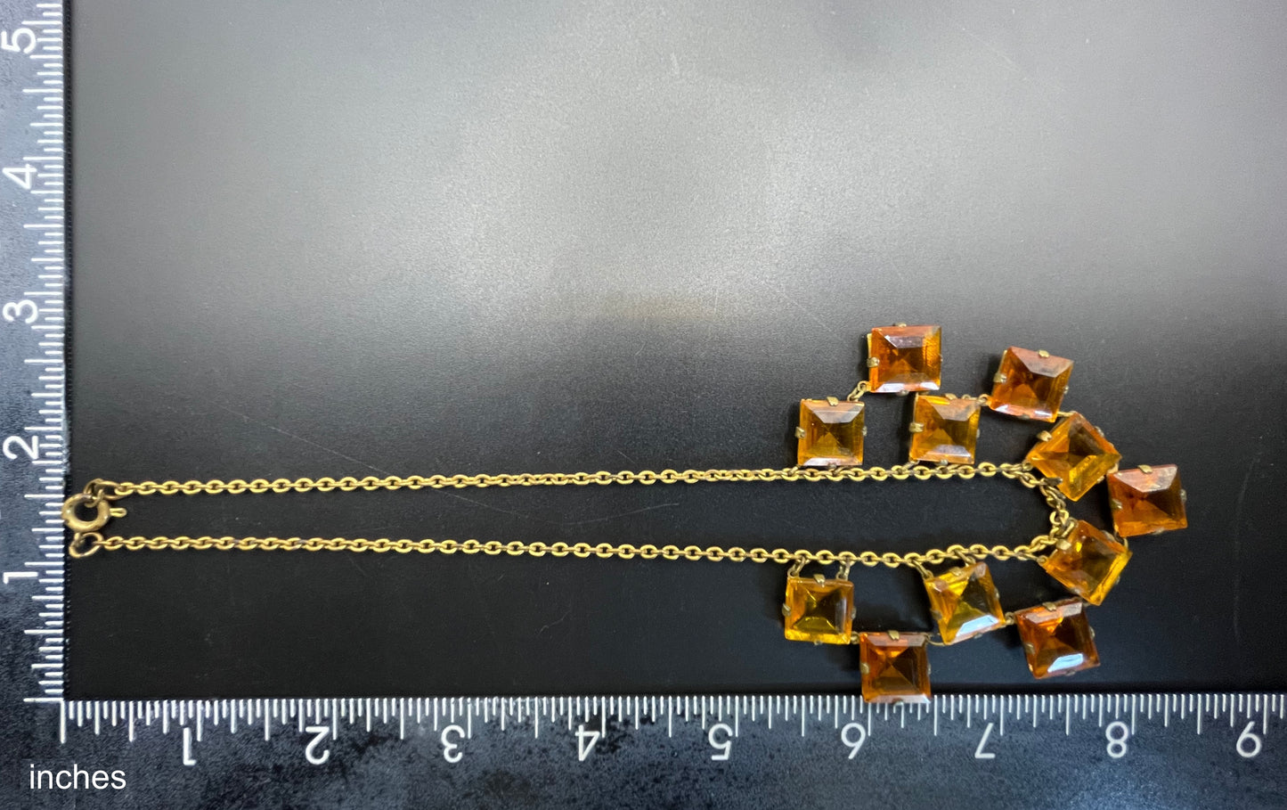 Vintage citrine yellow and topaz orange crystal glass necklace, large bezel set open backed princess cut square rhinestones
