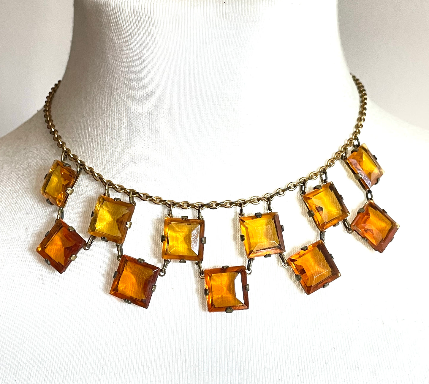 Vintage citrine yellow and topaz orange crystal glass necklace, large bezel set open backed princess cut square rhinestones
