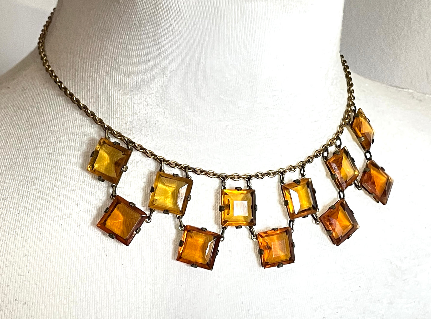 Vintage citrine yellow and topaz orange crystal glass necklace, large bezel set open backed princess cut square rhinestones