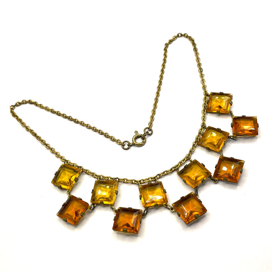 Vintage citrine yellow and topaz orange crystal glass necklace, large bezel set open backed princess cut square rhinestones