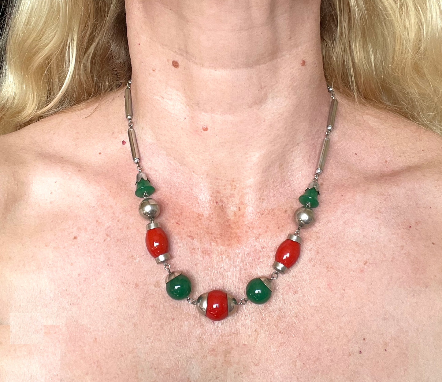 Vintage Art Deco Jakob Bengel attributed machine age chrome with green jade effect  and orange / red glass bead chunky statement necklace