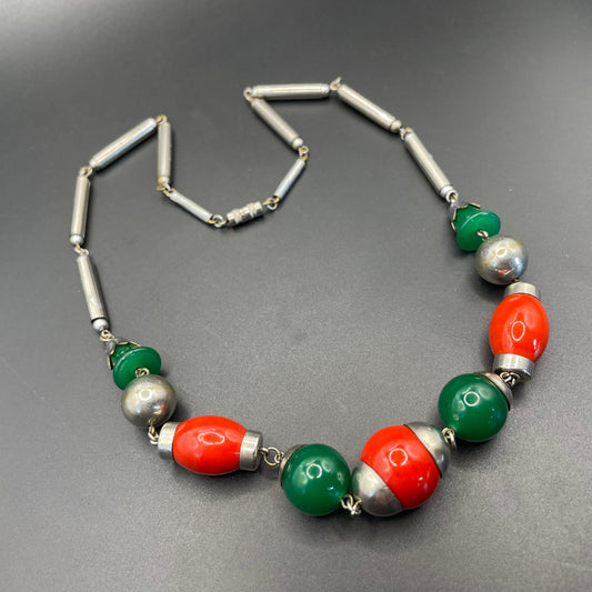Vintage Art Deco Jakob Bengel attributed machine age chrome with green jade effect  and orange / red glass bead chunky statement necklace