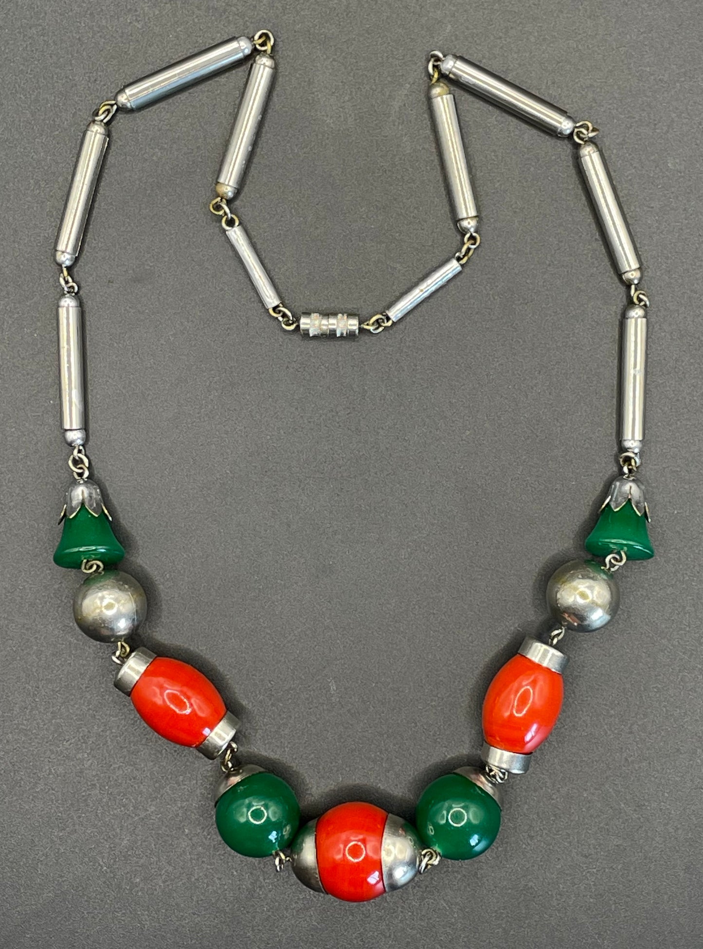 Vintage Art Deco Jakob Bengel attributed machine age chrome with green jade effect  and orange / red glass bead chunky statement necklace