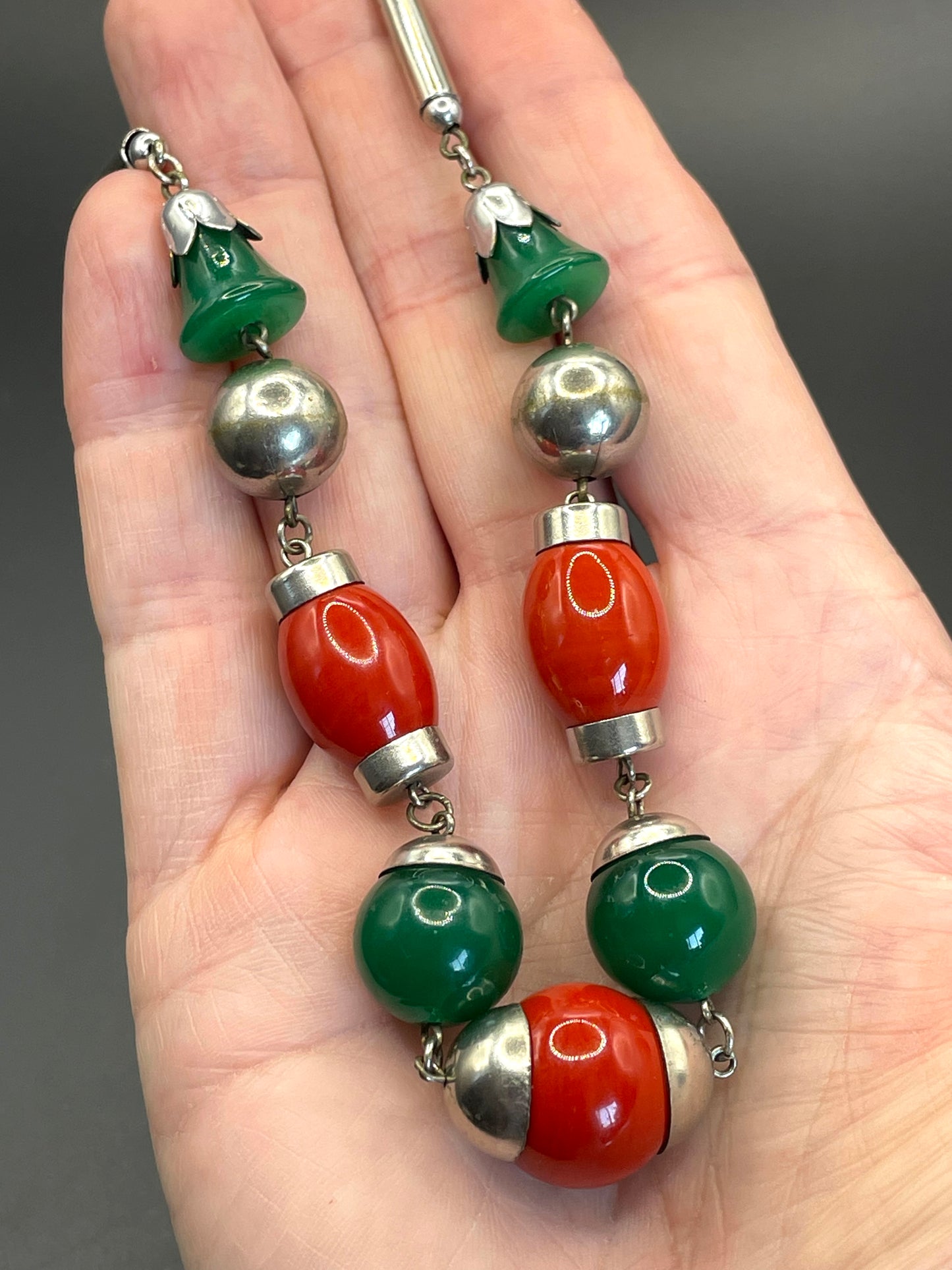 Vintage Art Deco Jakob Bengel attributed machine age chrome with green jade effect  and orange / red glass bead chunky statement necklace