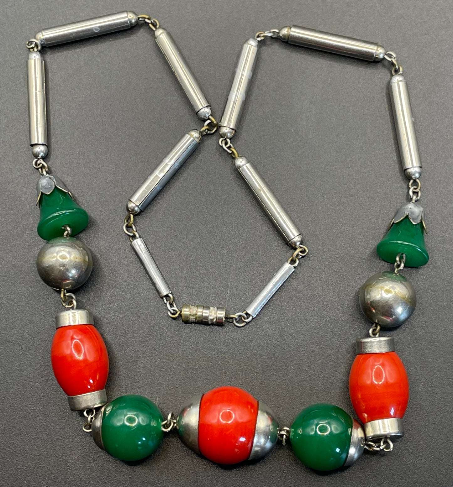 Vintage Art Deco Jakob Bengel attributed machine age chrome with green jade effect  and orange / red glass bead chunky statement necklace