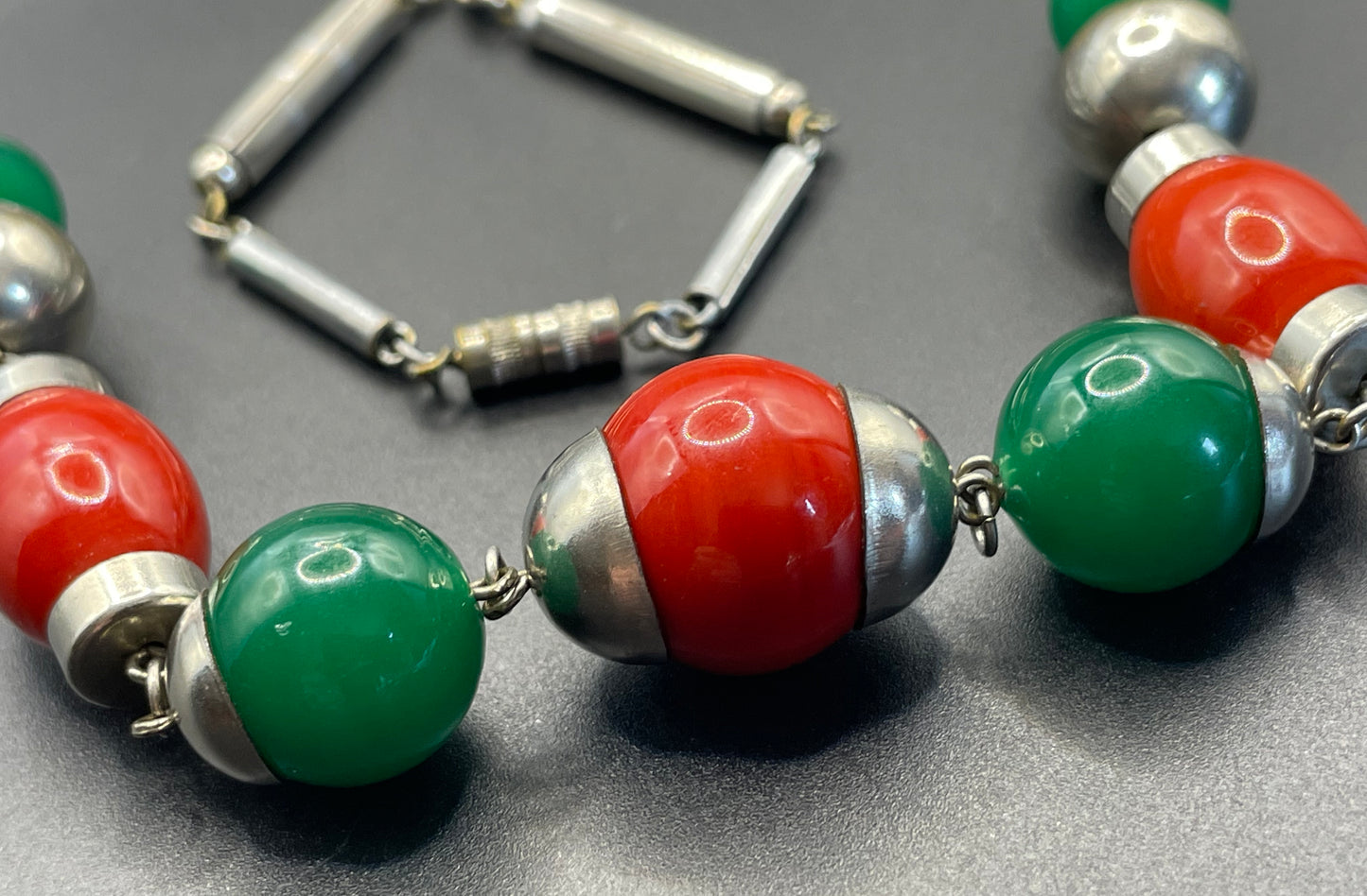 Vintage Art Deco Jakob Bengel attributed machine age chrome with green jade effect  and orange / red glass bead chunky statement necklace