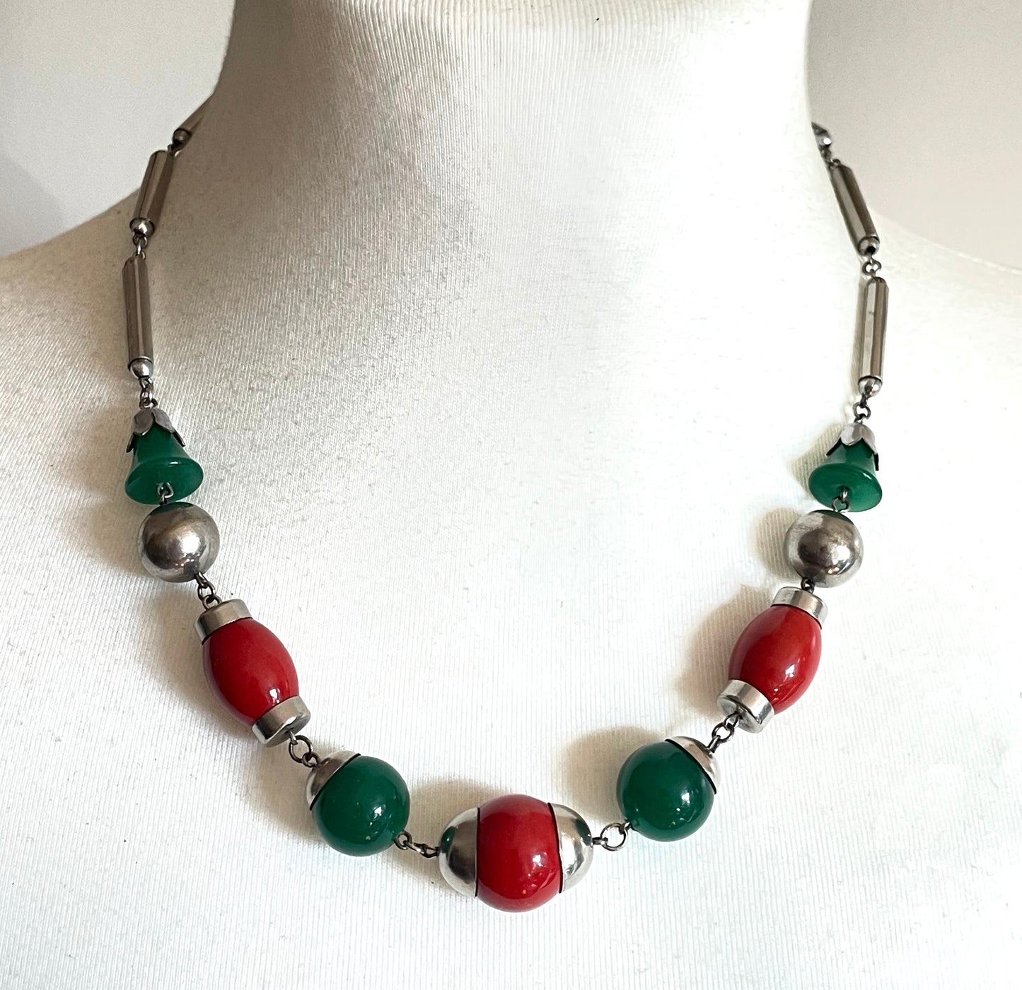 Vintage Art Deco Jakob Bengel attributed machine age chrome with green jade effect  and orange / red glass bead chunky statement necklace