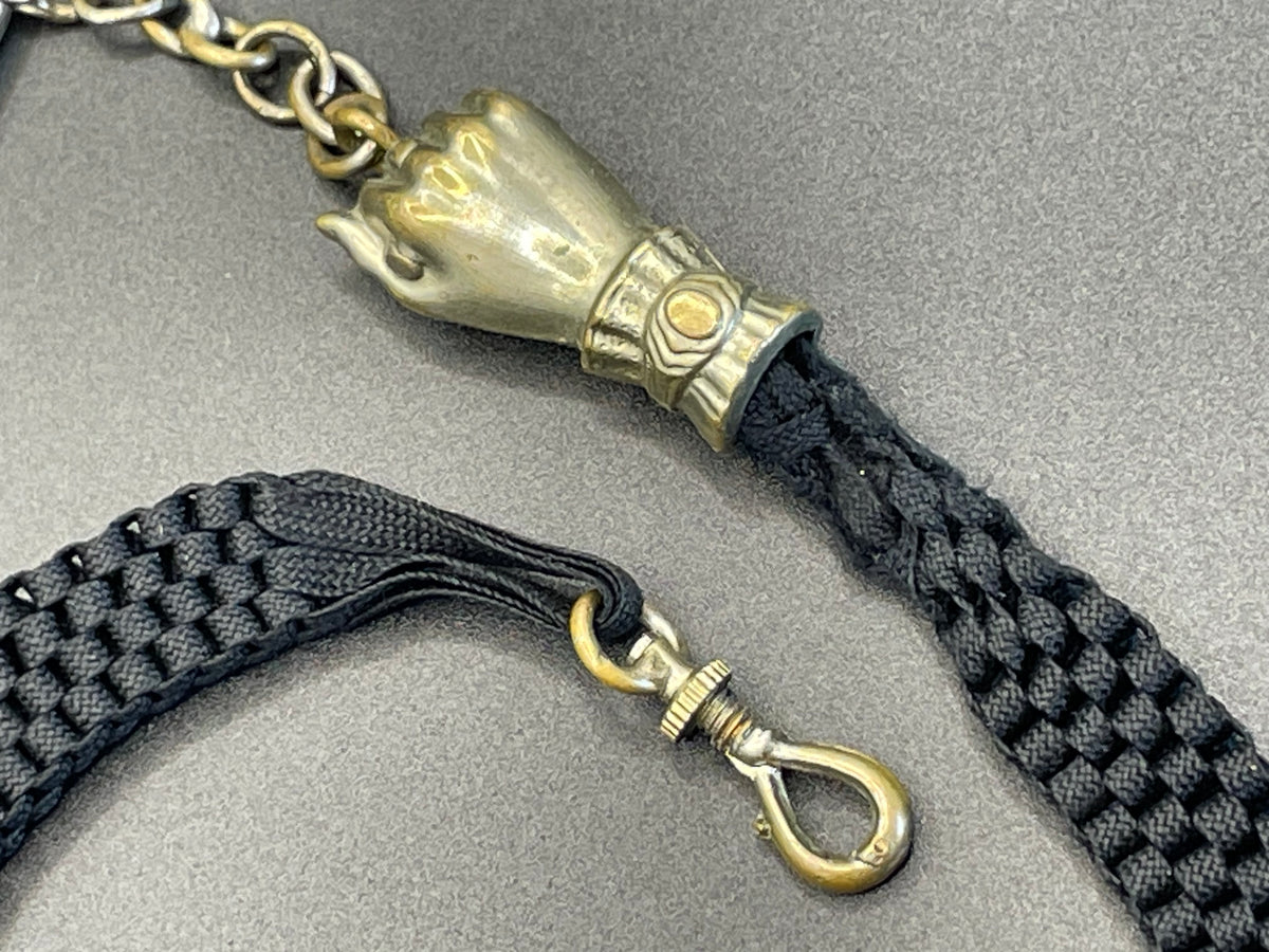 Antique Victorian black woven Abertina watch chain with hand motif and T bar