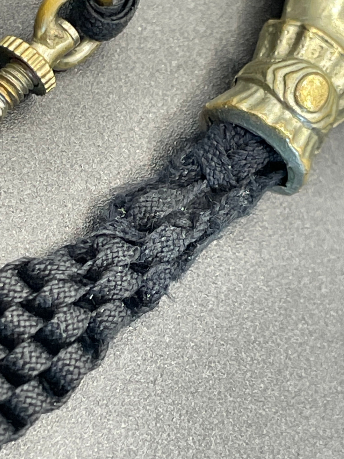 Antique Victorian black woven Abertina watch chain with hand motif and T bar