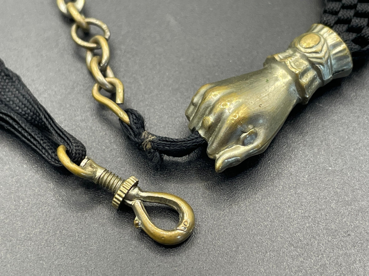 Antique Victorian black woven Abertina watch chain with hand motif and T bar