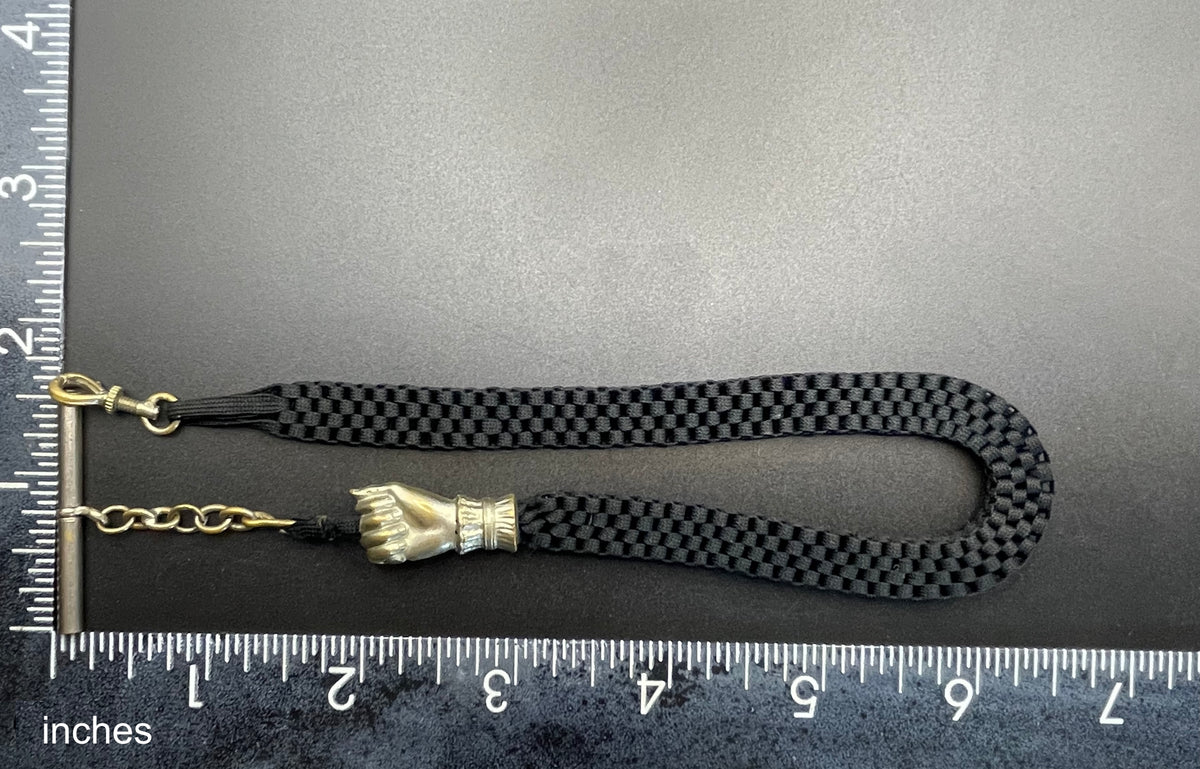Antique Victorian black woven Abertina watch chain with hand motif and T bar