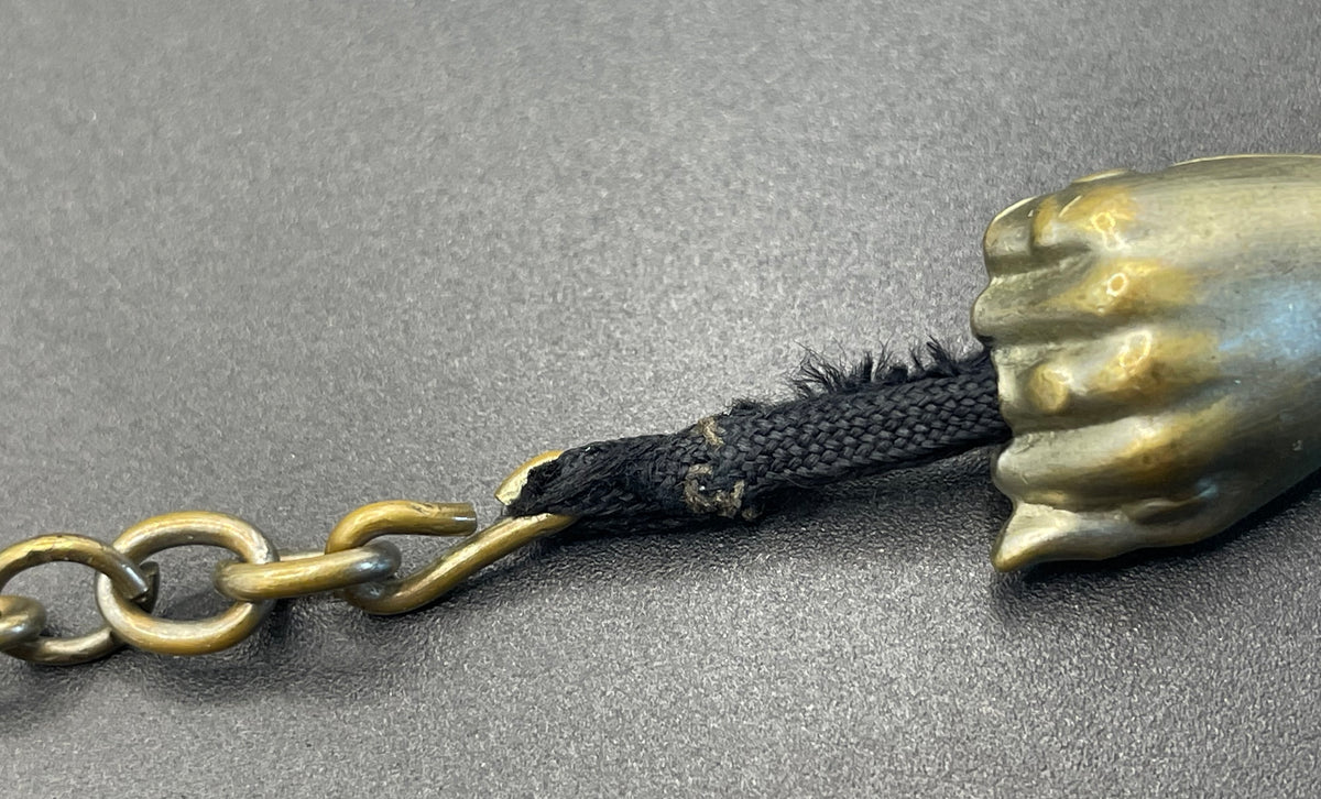 Antique Victorian black woven Abertina watch chain with hand motif and T bar