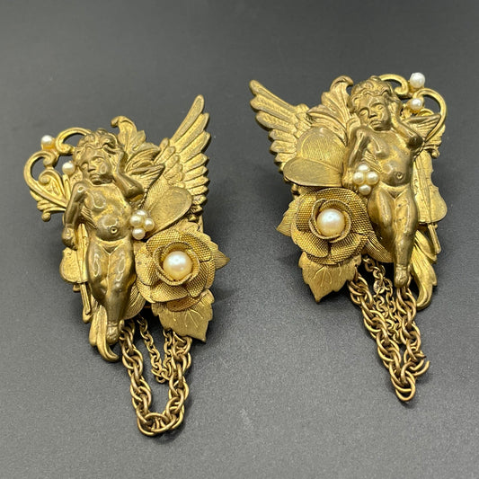 Vintage celestial cherub angel large statement earrings for pierced ears, gold tone and faux pearls