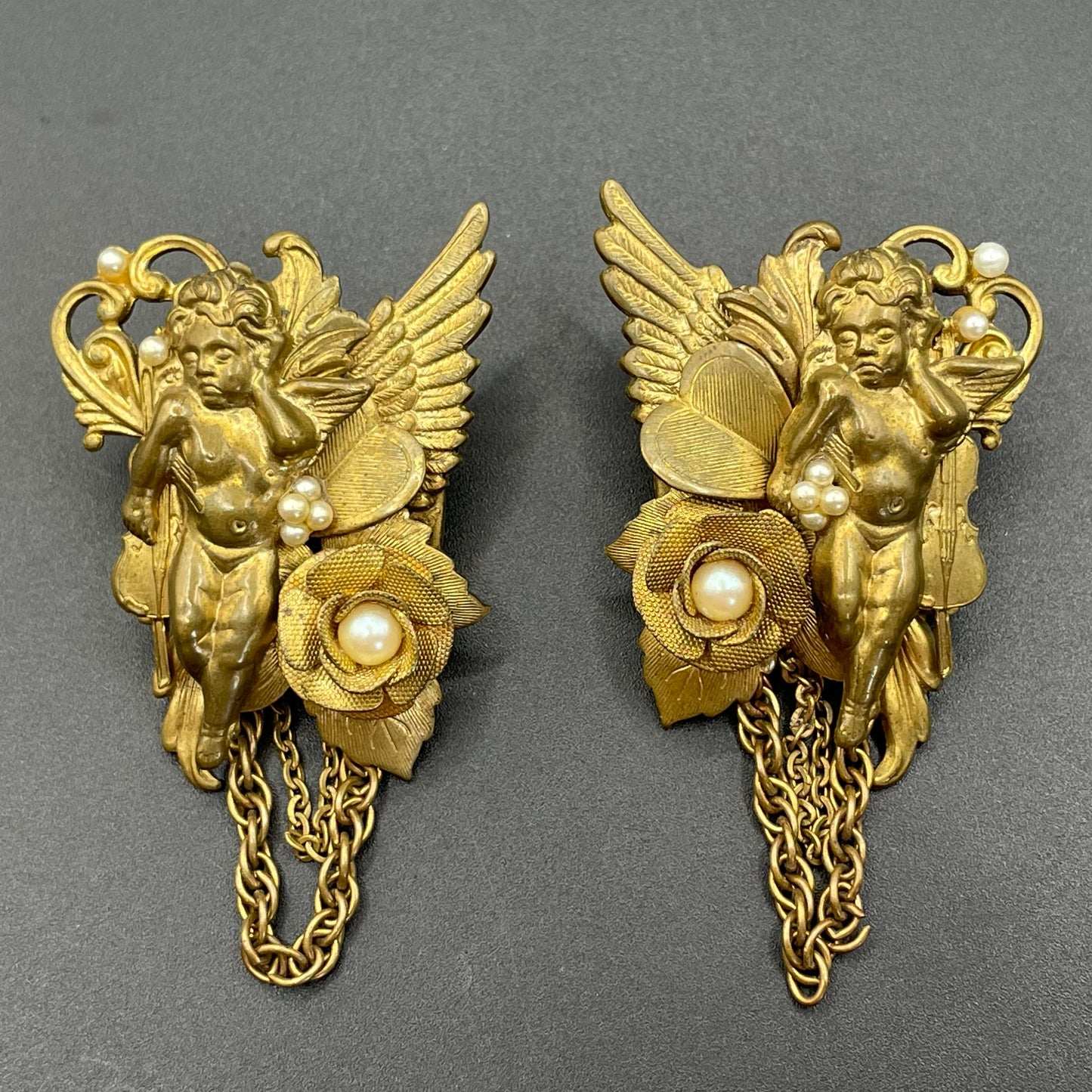 Vintage celestial cherub angel large statement earrings for pierced ears, gold tone and faux pearls