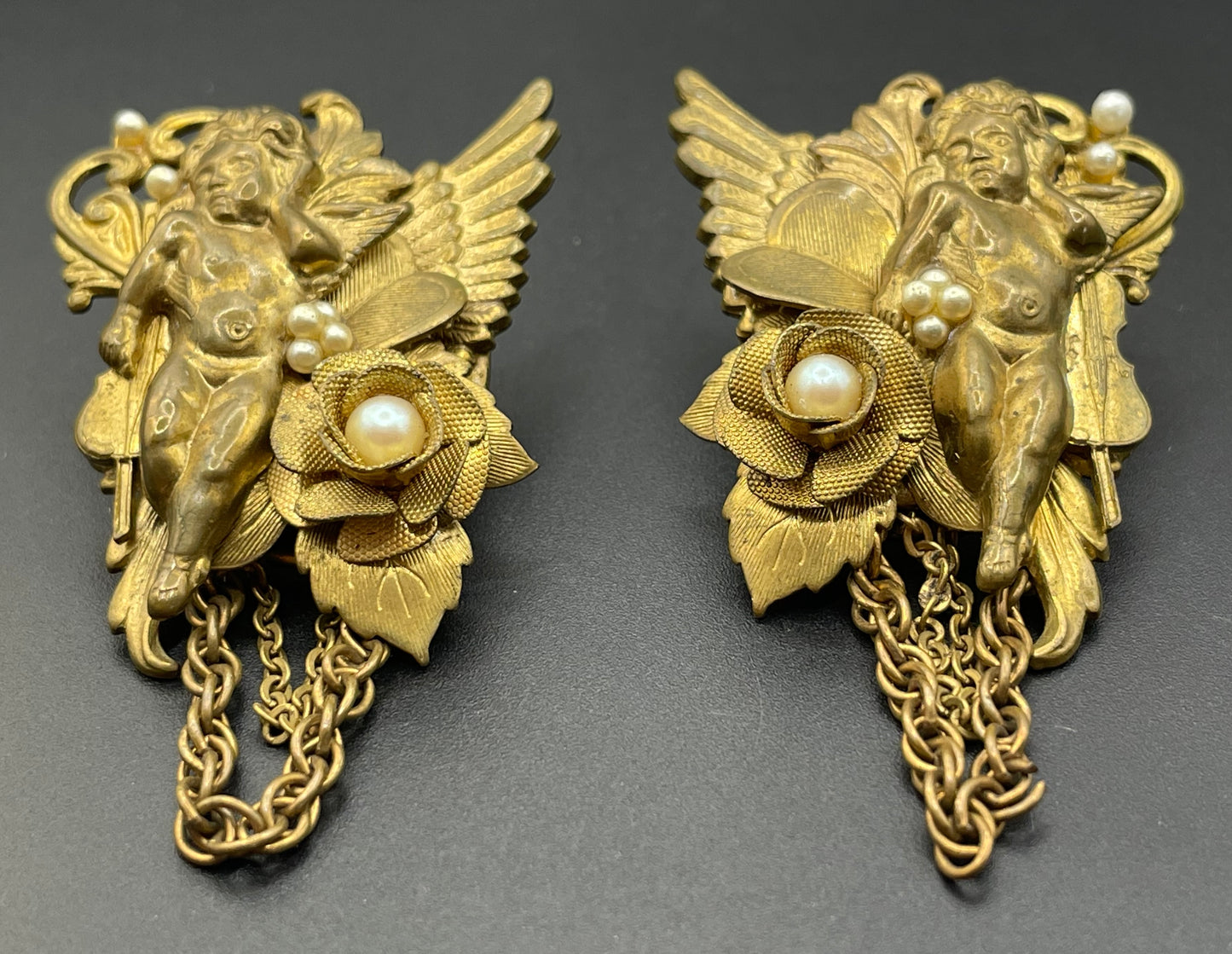 Vintage celestial cherub angel large statement earrings for pierced ears, gold tone and faux pearls