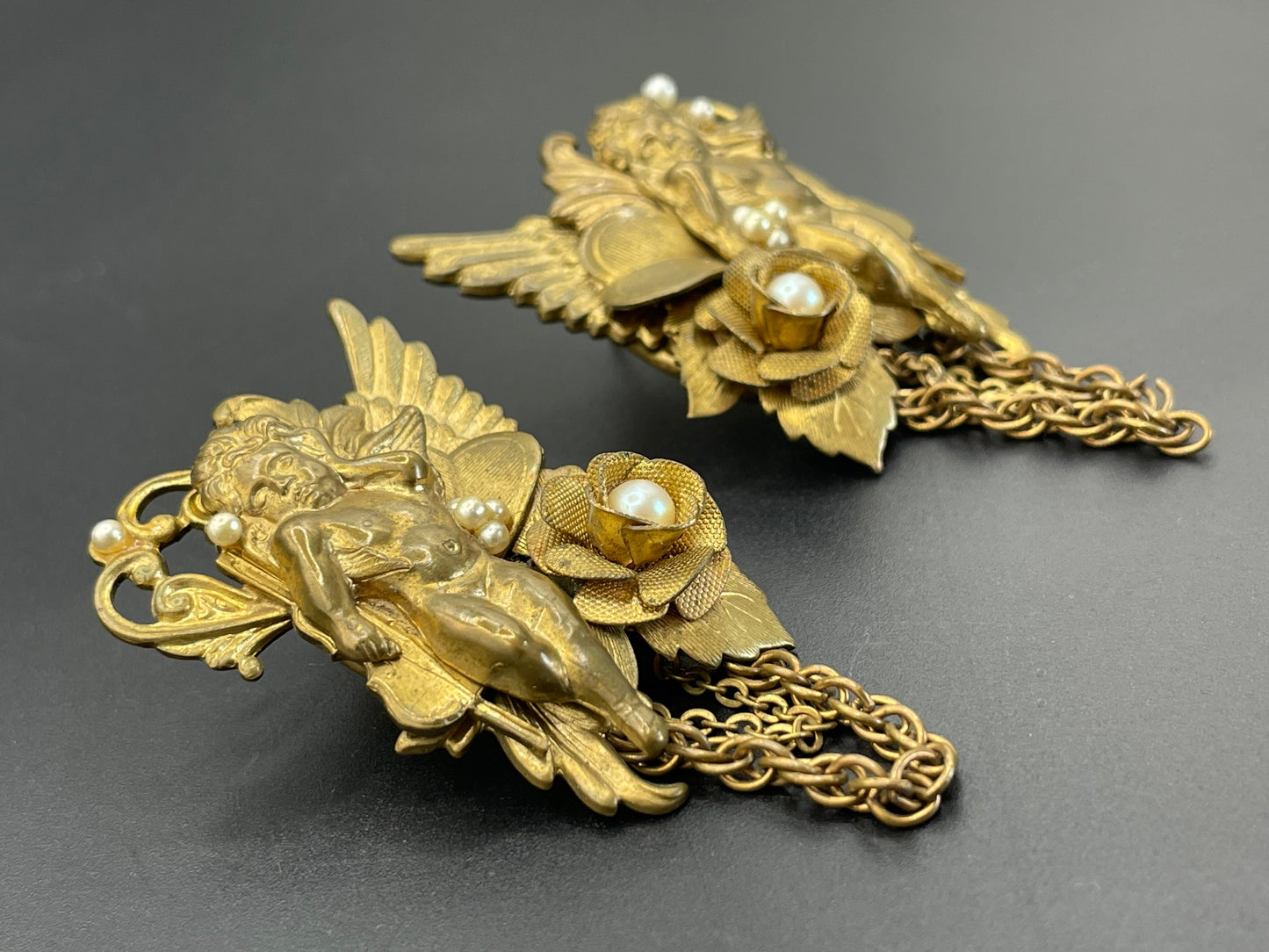 Vintage celestial cherub angel large statement earrings for pierced ears, gold tone and faux pearls