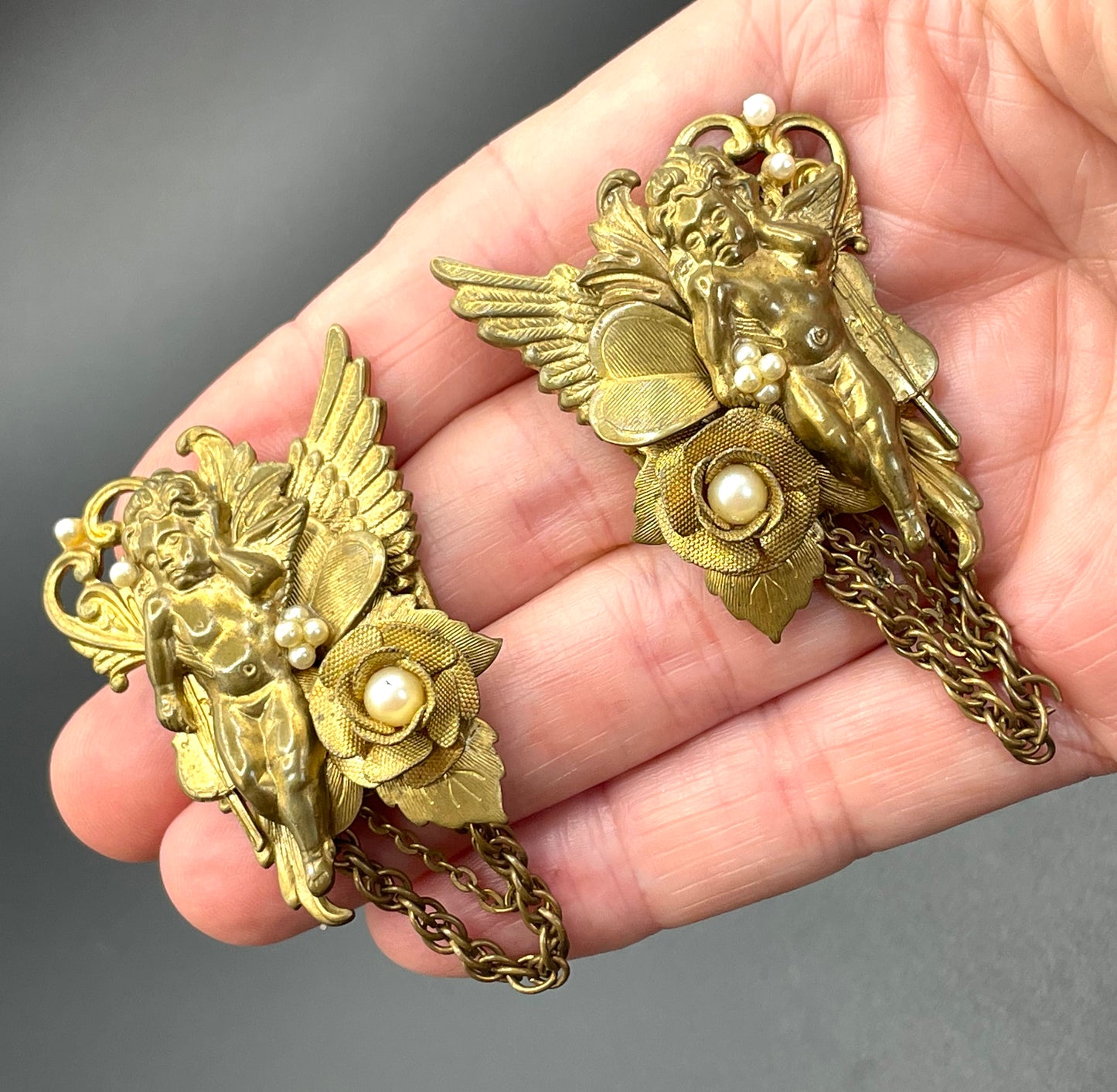 Vintage celestial cherub angel large statement earrings for pierced ears, gold tone and faux pearls