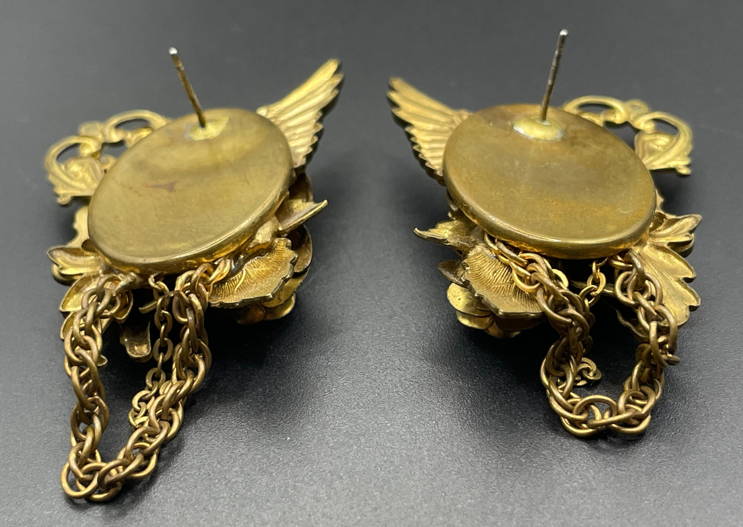 Vintage celestial cherub angel large statement earrings for pierced ears, gold tone and faux pearls